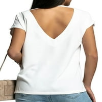 Jusddie Dame Tee Solid Boja Casual majica kratki rukav plaža Majica Backless Dnevniewer White XL
