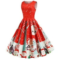 Odieerbi božićne haljine za žene tanka ispis čipke za ljuljanje haljina bez rukava okrugla vrata crvena