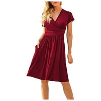 Ženske oblače srednje dužine A-line kratkih rukava, puna ljetna haljina s V-izrezom crvena m