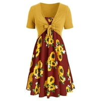 YubnLvae cvjetna haljina za žene suncokret za ispis kratki čvor Top haljina zavoja zavoja za rušenje mini haljina, ženska haljina žuta m