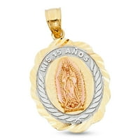 Oval Mis Anos Guadalupe Privjesak 14k Žuta bijela ruža Zlato Quinceanera Medal Charm