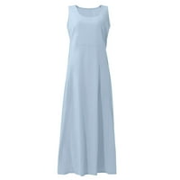Haljine za žene Ljetna casual haljina Čvrsta okrugla dekolte bez rukava za sunčanje haljina srednjeg duljina Džepne haljine plava 4xl