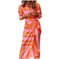 Oalirro ženske haljine casual v izrez dugih rukava ženska cvjetna haljina koljena-visoko kardigan narandžasta