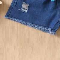 Dječje djevojke setovi za odjeću Plavi traper rukavice bez rukava + rupe Jeans Hotsas s pojasom