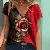 Ženski V izrez Plus Veličina TEE majice Rose Cvjetni ispis Kratki rukav za bluzu s rukavima Hemise