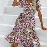 IOPQO haljine za žene Ženska cvjetna ljetna haljina V izrez kratki rukav Betted Line Bohemian Maxi haljine