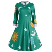 Strungten Fashion Womens Sun and Moon Star Print Botton dugih rukava Flare Vintage haljina Maxi haljina