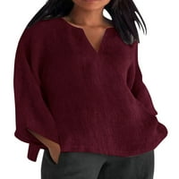 Beiwei Dame vrhovi čvrste boje TEE V izrez T majica Vintage Pulover Ženska majica Dugi rukav udoban tunik Bluza Tamno crveni s