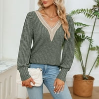 Xysaqa ženske čipke V-izrez pulover vrhova pletene labave majice dugih rukava čvrsto ležerna obična