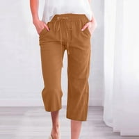 Aueooeo ženske ležerne elastične hlače od struka CAPRIS ravne pamučne hlače sa džepovima sa džepovima
