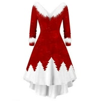 Lopecy-Sta Žene Haljina s dugim rukavima Božićni ispisani krzneni V-izrez Navlaka Swing Haljina Štednja