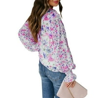 Tking Fashion ženski casual boho cvjetni print v izrez za crtanje dugih rukava na vrhu labave bluzene majice dolje majice vruće ružičaste 3xl