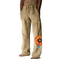 Muške casual pantalone muške modne ležerne pamučne i posteljine otisnute posteljine džepove čipke hlače velike veličine hlače pamučno bora u kaki