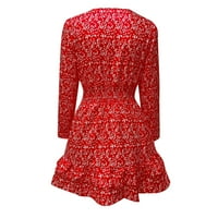 Clearsance Ljetne haljine za žene Mini dugih rukava Slatka A-line cvjetna V-izrez Party haljina crvena