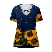 Ženski vrhovi Ženski V-izrez Cross šuplji kratki rukav Sunflower Ispis majica