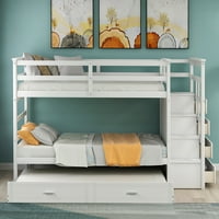 Priličan kreveti na kat sa punim drvenim drvenim krevetima za djecu, tvrdo drvo dva kreveta s dva odvojena kreveta s vitrinama i skladišnim ladicama za stepenice - prirodni bijeli finiš