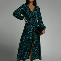 Haljine za ženske haljine s dugim rukavima za žene Leopard Print Wrap V izrez Fall Maxi haljine čipka u podizanju povremene haljine s visokim strukom