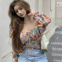 Ženska modna majica Korejski stil kvadratni ovratnik cvjetni print Slatki dugi rukavi šifon bluze u
