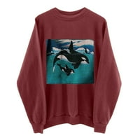 ABCNATURE Ženski okean za ispis vrhova tinejdžera Casual Ležerne prilike dugih rukava kratki duhovi kapuljača, labav pulover vrhovi vino 3xl
