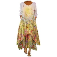 Cleance Ljetne haljine za žene V-izrez cvjetni a-line dužine gležnja casual rukava rukave žuta l