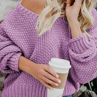 Brglopf ženski ležerni džemper dugi batwing rukav V izrez pleteni pulover Puno boje labavi fit skakač