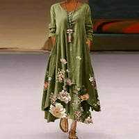〖Roliyen〗 Midi haljine za žene asimetrična casual cvjetna haljina za tisak O-izrez dugih rukava nepravilna