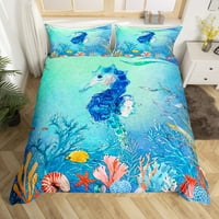 Seahorse Duvet Cover Full, Ombre 3D morska posteljina Podeljak za spavanje, TEAL OCEAN Animal Komforper