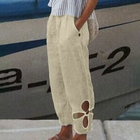 Pamučne i posteljine za žene labave fit solid u boji šuplji elastični struk ravne pantalone Ljetne casual