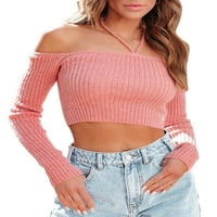 Zodanni Žene Gravice Top s dugim rukavima Majica Meka majica Casual Tee Holiday Cropped Top Pink XL