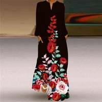 Ženska cvjetna s dugim rukavima od tiskane vintage duge haljine V izrez casual cofy odmor labav fit