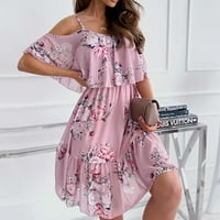 Ženska haljina Ležerne haljine s kratkim rukavima Loose Ispiši linijsku haljinu s ramena Pleated Swing haljina ružičasta L
