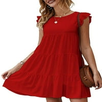 Niuer Dame Mini haljina Swing kratke haljine Solid Boja Ljeto plaža Sundress boemska posada Crvena M