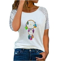 Cethrio ženske majice - modni kauzalni runk izrez tisak kratkih rukava izdubljeni ljetna bluza vrhova