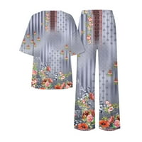 Yuwull dvodijelni ljetni odjevni odjeće za žene, odijelo za ženske posade vrat kratkih rukava od labavih vrhova tiskane široke noge duge hlače Ljeto podudaranje siva 8