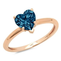 2.0ct Heart Cut Prirodni London Blue Topaz 14K Gold Gold Gold Angažone Veličina prstena 5,25