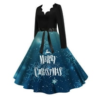 Božićna ženska haljina za čaj s dugim rukavima V vrat haljina s kaišom Swing Party haljine duge plus