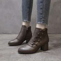 Ženska pulst veličine srednje čizme za gležnjeve retro guste potpetice s visokom petom patentne patentne patentne cipele Brown