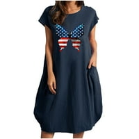 Haljine za žensko čišćenje kratkih rukava okrugla haljina na okruglom vratu Čvrsta džepa u boji ROMper haljina uzorak izrez, mornaricu, 3xl