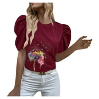 Ženski bluze Dame Ležerne prilike tiskani okrugli vrat Puff rukav tiskani majica kratkih rukava Top Wine XL