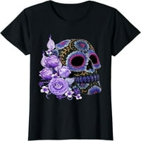 Žene vrhovi ljubičasti cvjetni crni šećer lubanje u obliku mrtve majice Majica Poklon posada za zabavu Crni tee