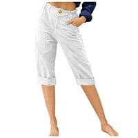 Ženske pamučne posteljine kapri hlače čvrsti elastični struk udobne hlače sa džepovima s džepovima valjane