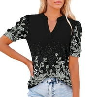 Odeerbi Ženske vrhove Dressy casual bluza Ispisana kratka pulover V-izrez V-izrez majica crna