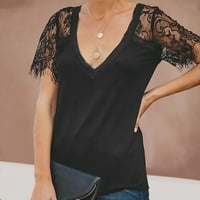 Zunfeo vrhovi za žene čipke - V-izrez čipka kratkih rukava Novi dolazak T košulje crne l
