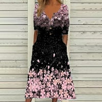 Ljetne haljine za žene kratki rukav Dužina gležnja, casual cvjetna a-line Henley haljina crna m