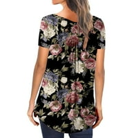 Cacomomrkark Pi ženski vrhovi plus veličina čišćenja Žene V-izrez cvjetni ispisani tunički bluzni bluze s kratkim rukavima majica crna