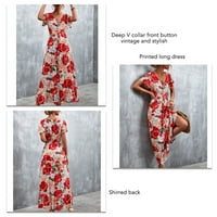 Cvjetna haljina, kratki rukav visoki struk V izrez za ljetni crveni cvijet xl