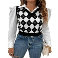 Ženski džemper prsluci casual geometrijski V izrez crno-bijeli s
