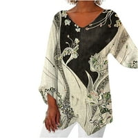 Ženske pamučne posteljine majice Ležerne prilike dugih rukava V-izrez Labavi nepravilni prorez HEM print bluza Beige XL