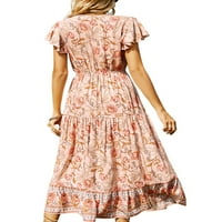 Ženska boemska duga haljina, cvjetni ispis V-izrez kratki rukav ruffle jednodijelni haljini duga haljina