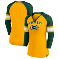 Ženska fanatika marke Gold Green Green Bay Packers Arch Raglan 3 majica 4-rukava za vrat